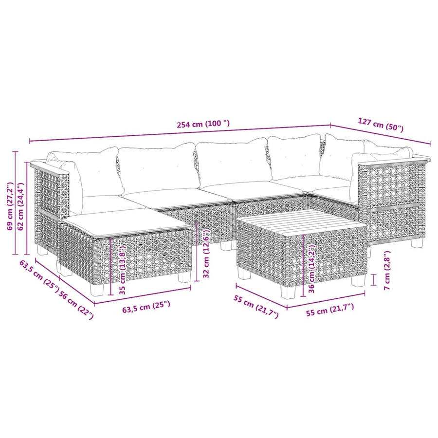 7-delige Loungeset met kussens poly rattan grijs