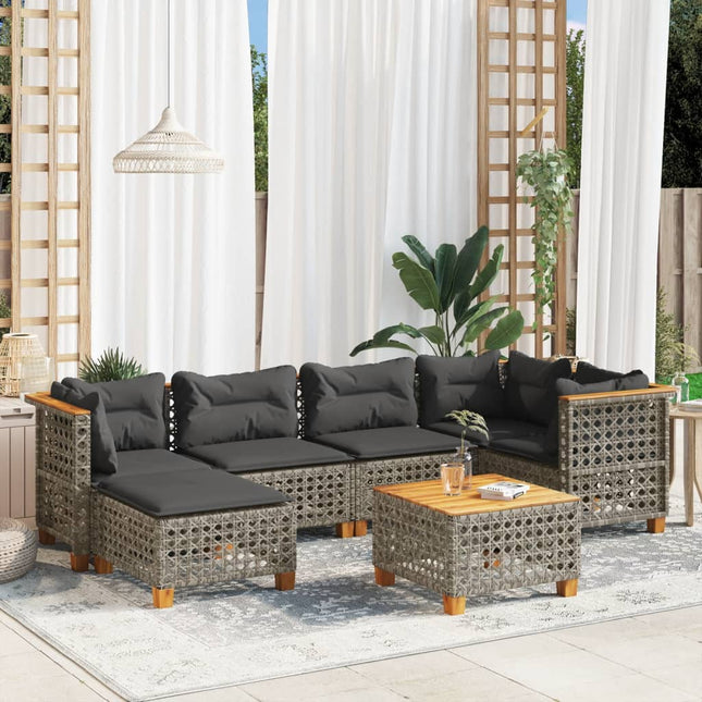 7-delige Loungeset met kussens poly rattan grijs