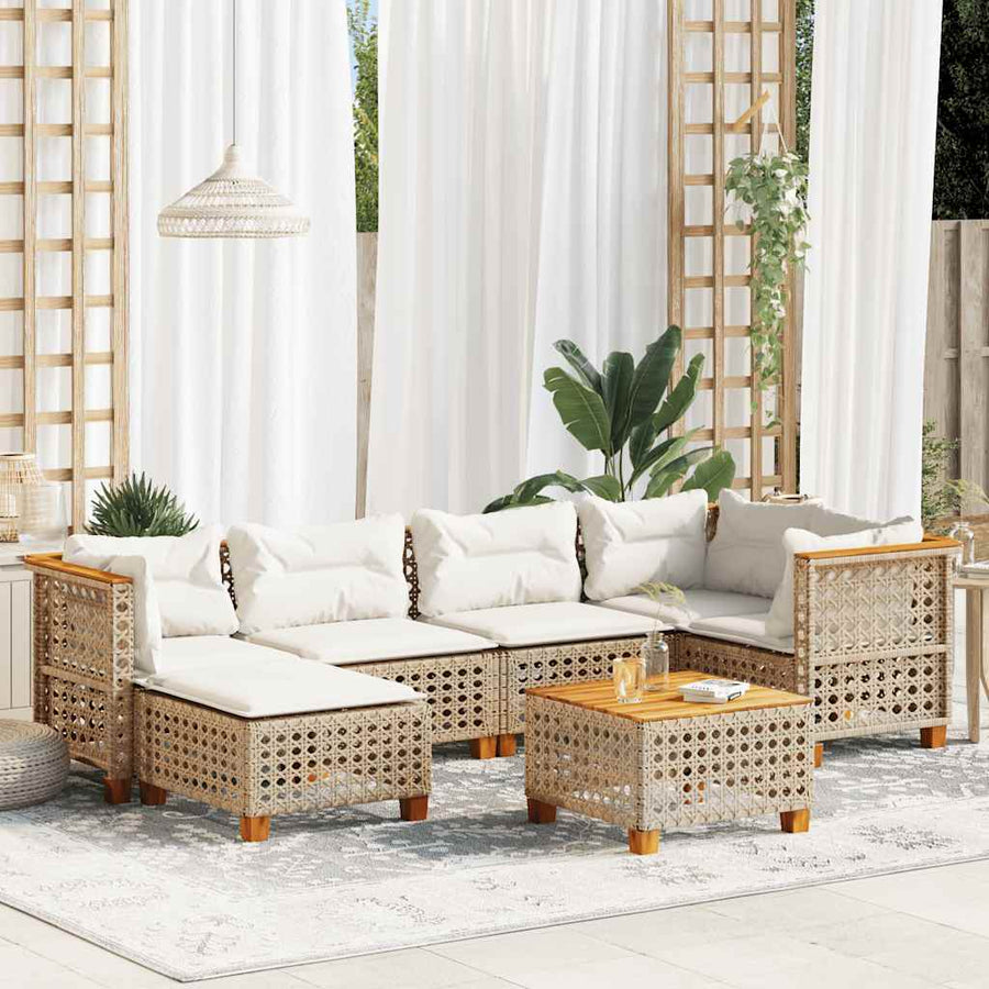 7-Delige Loungeset Met Kussens Poly Rattan Beige 1 gat weven