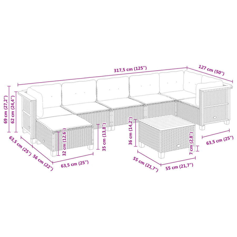 8-delige Loungeset met kussens poly rattan zwart