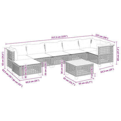 8-delige Loungeset met kussens poly rattan zwart