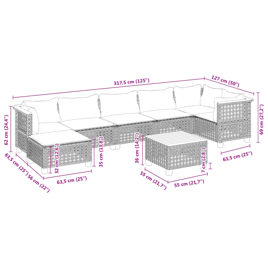 8-delige Loungeset met kussens poly rattan grijs
