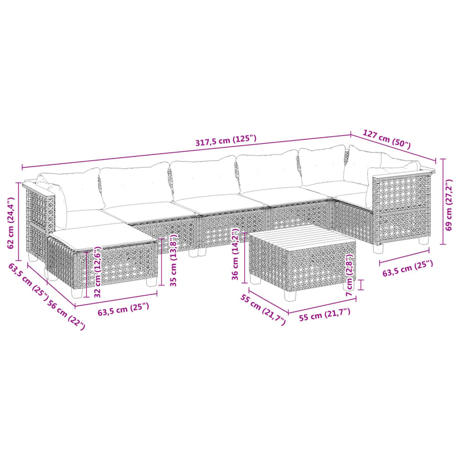 8-delige Loungeset met kussens poly rattan grijs