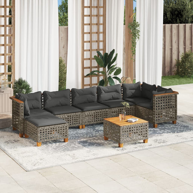 8-delige Loungeset met kussens poly rattan grijs