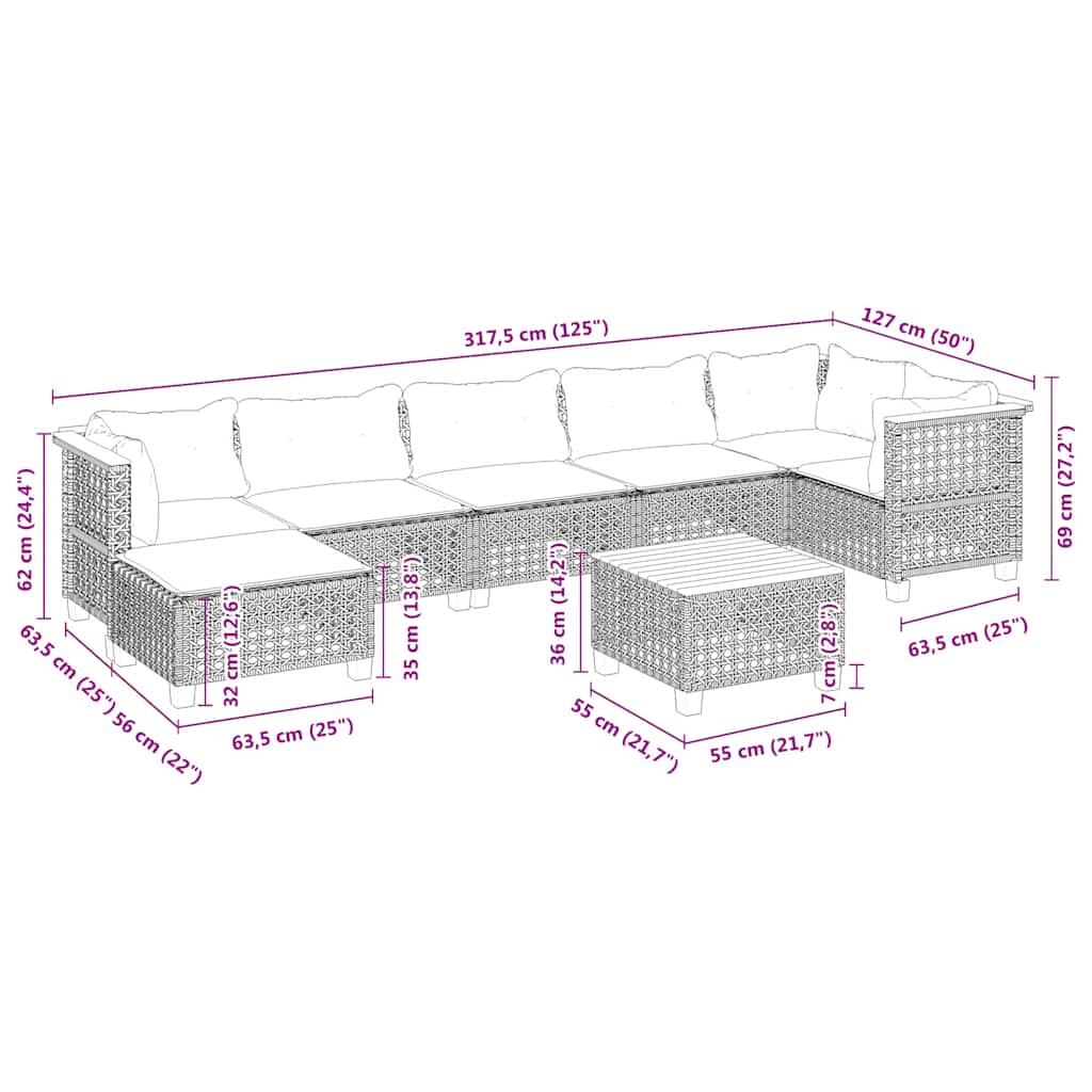 8-Delige Loungeset Met Kussens Poly Rattan Beige 1 gat weven