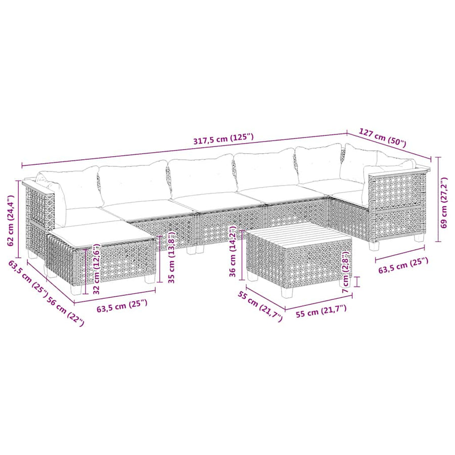 8-Delige Loungeset Met Kussens Poly Rattan Beige 1 gat weven