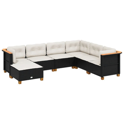 7-delige Loungeset met kussens poly rattan zwart