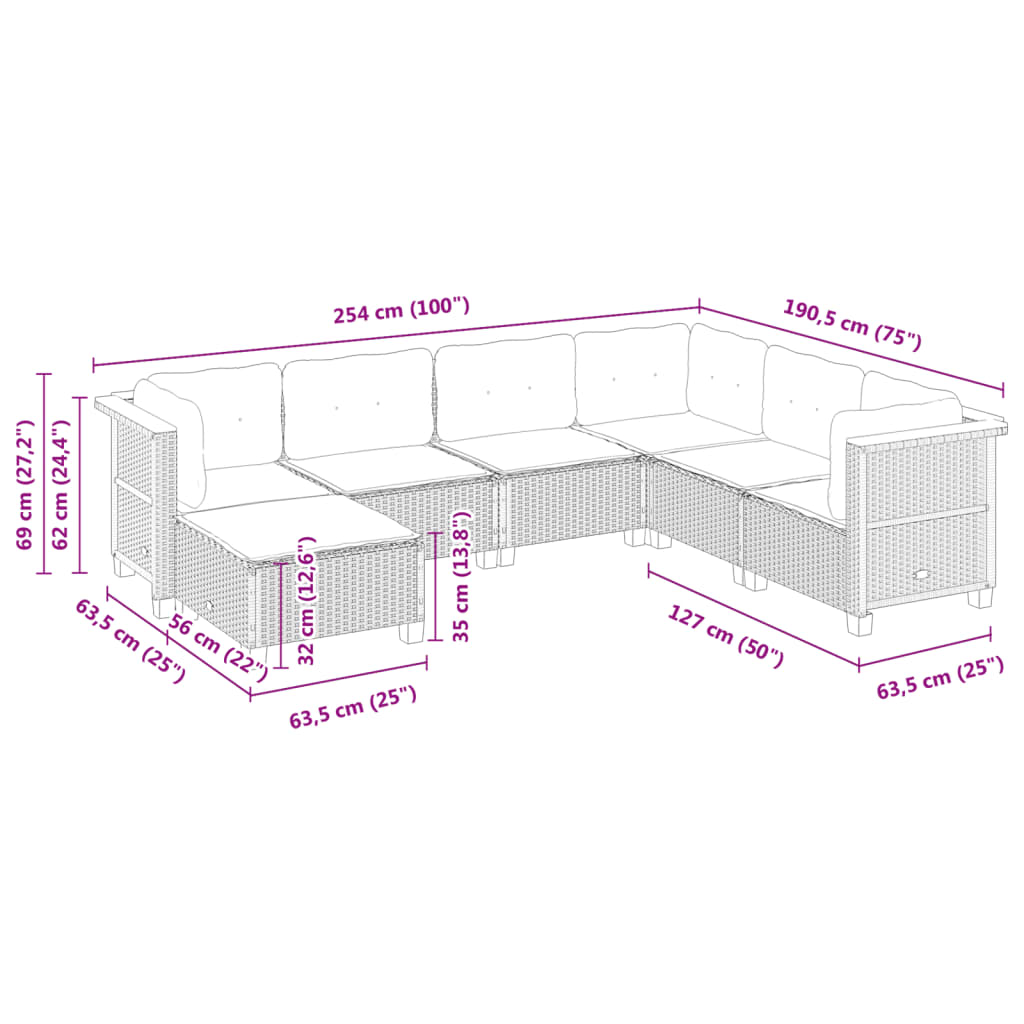 7-delige Loungeset met kussens poly rattan zwart
