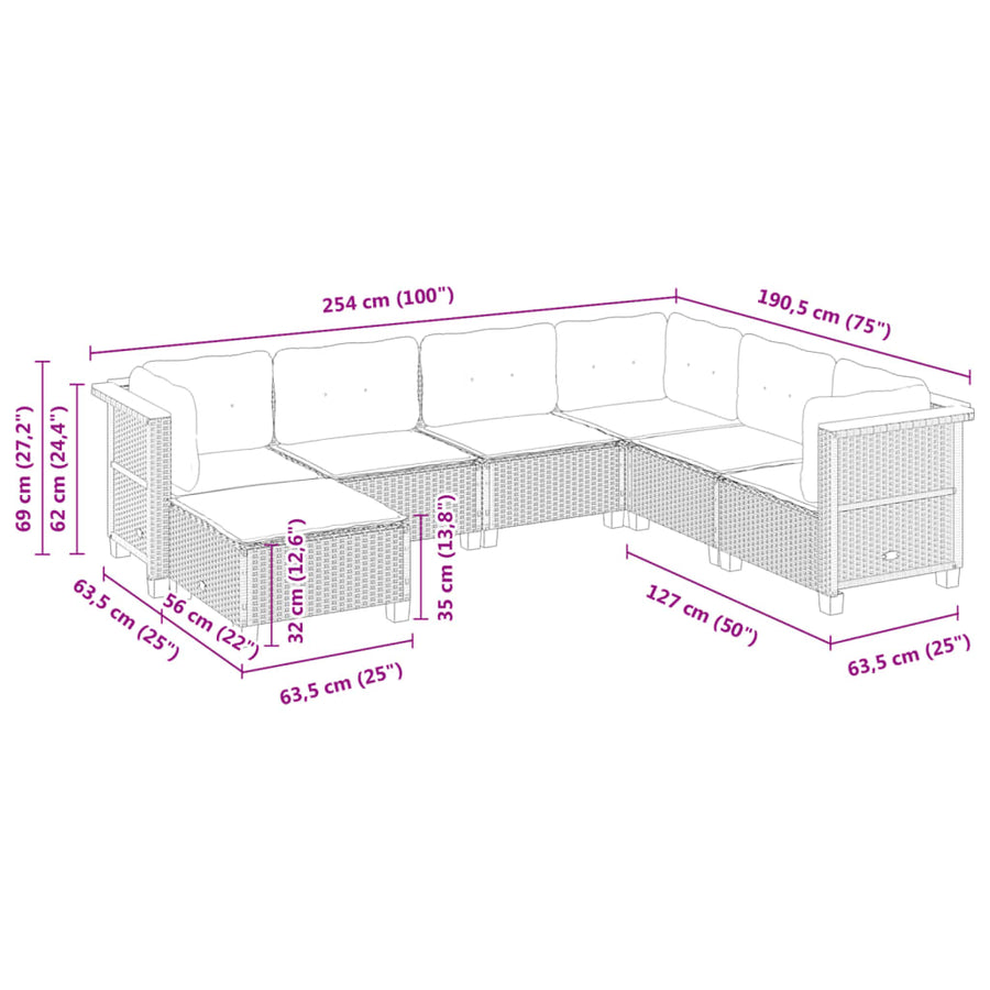 7-delige Loungeset met kussens poly rattan zwart