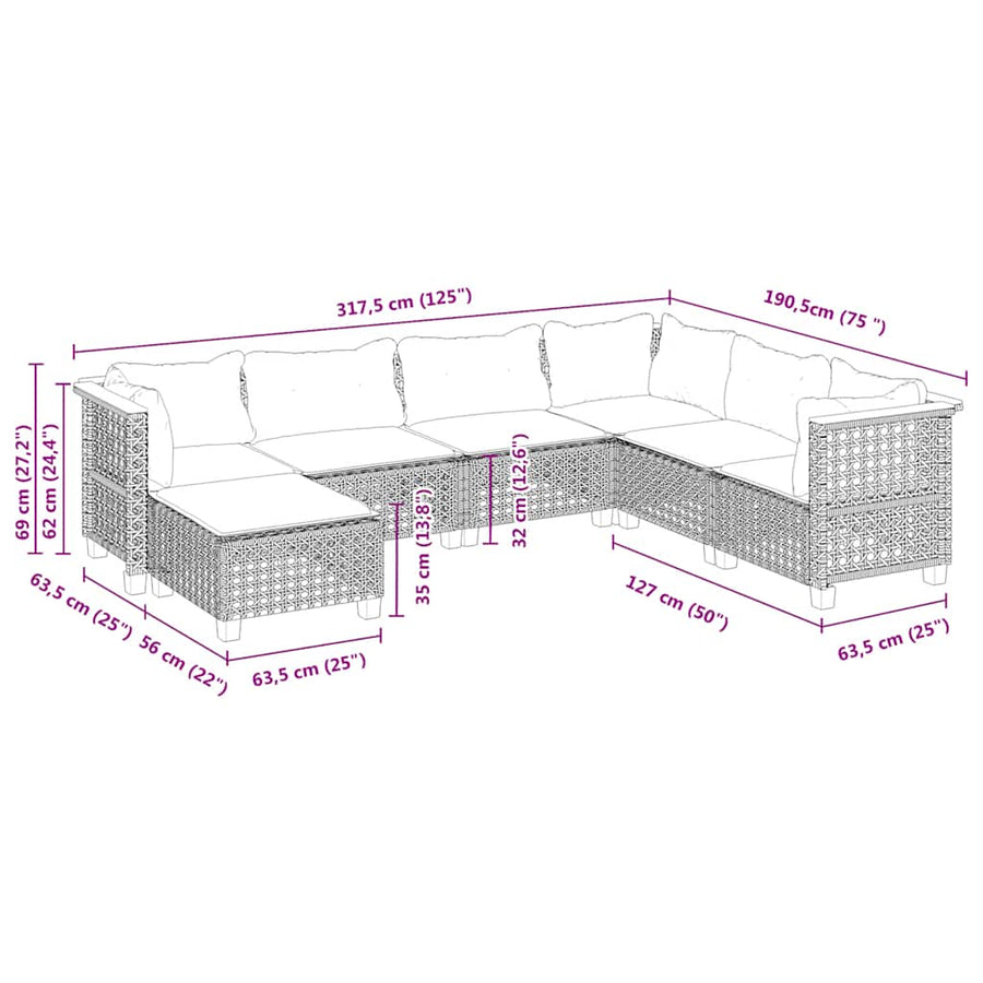 7-Delige Loungeset Met Kussens Poly Rattan Beige 1 gat weven