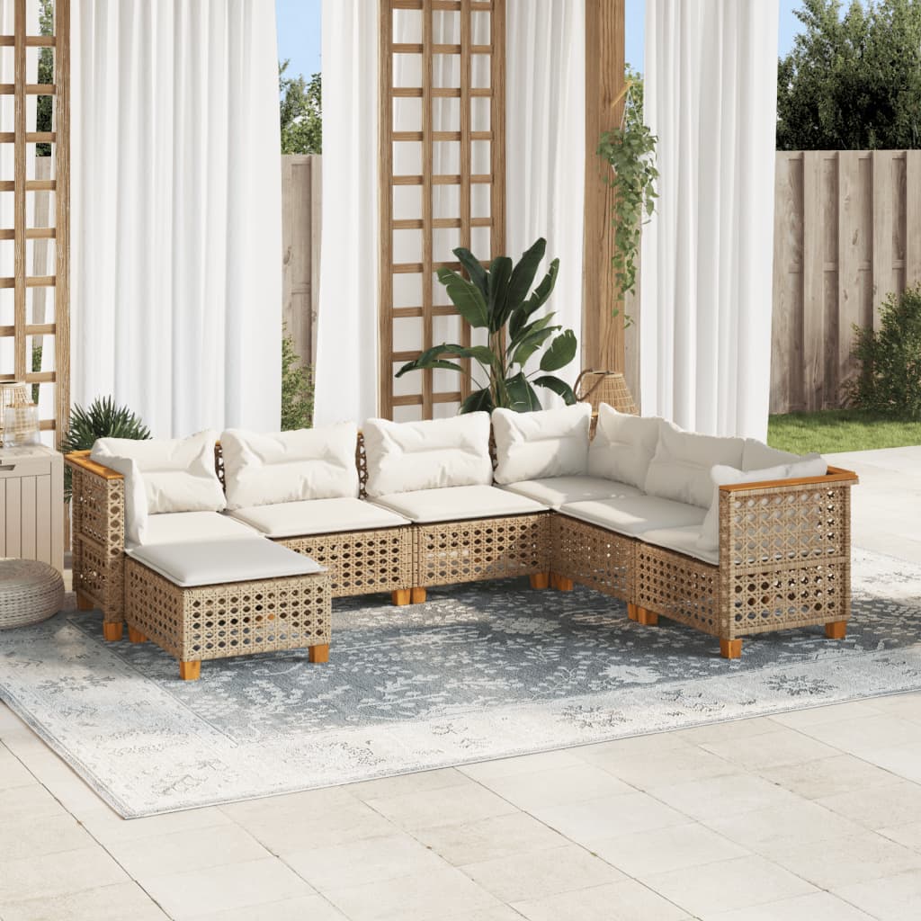 7-Delige Loungeset Met Kussens Poly Rattan Beige 1 gat weven
