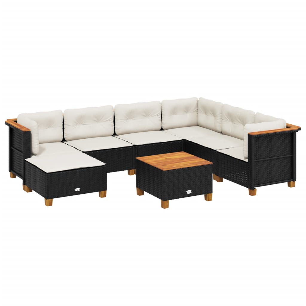 8-delige Loungeset met kussens poly rattan zwart