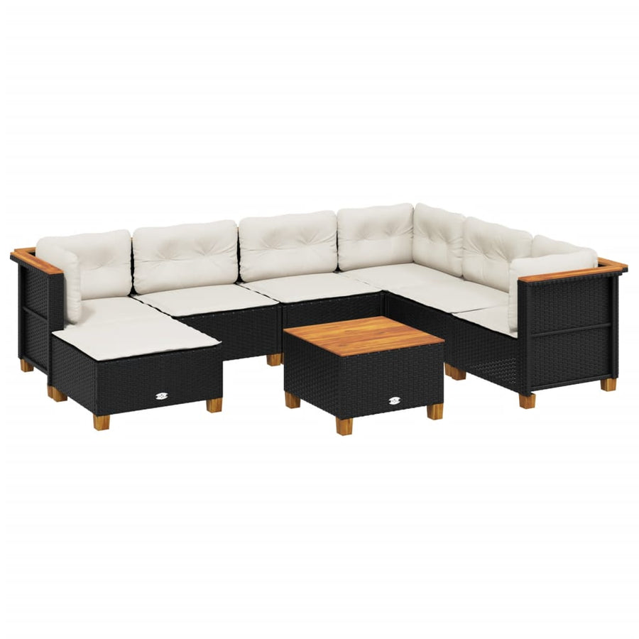 8-delige Loungeset met kussens poly rattan zwart