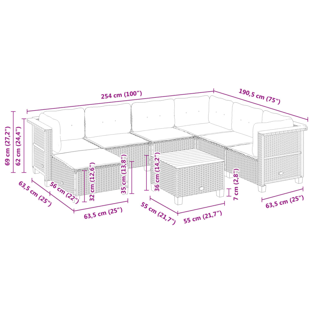 8-delige Loungeset met kussens poly rattan zwart