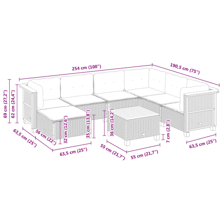 8-delige Loungeset met kussens poly rattan zwart
