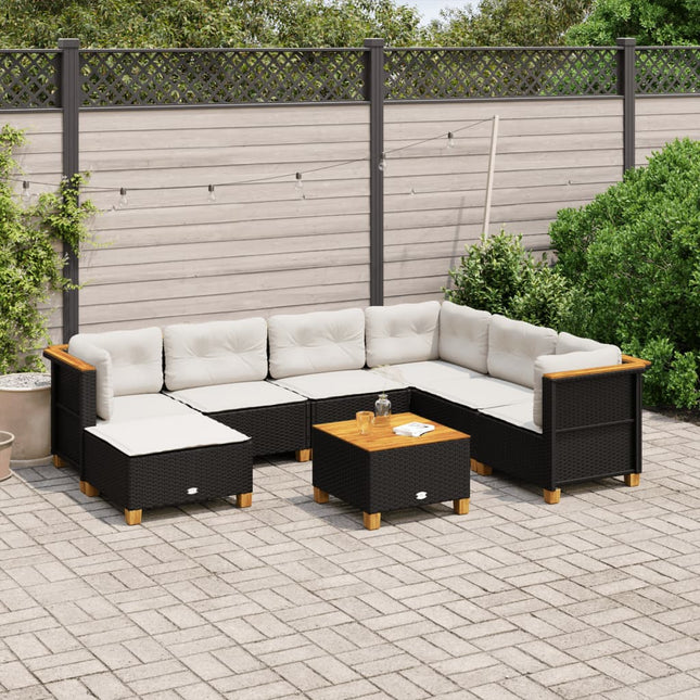 8-delige Loungeset met kussens poly rattan zwart