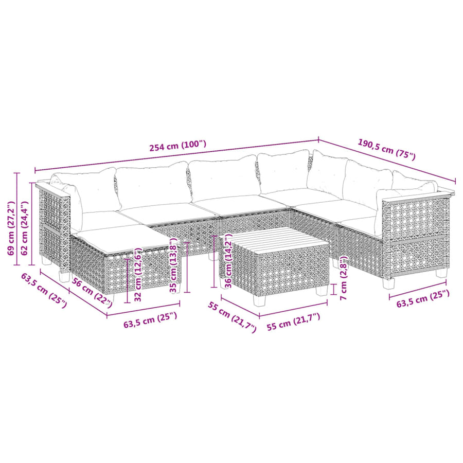 8-delige Loungeset met kussens poly rattan zwart