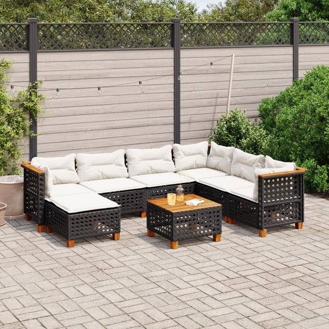 8-delige Loungeset met kussens poly rattan zwart