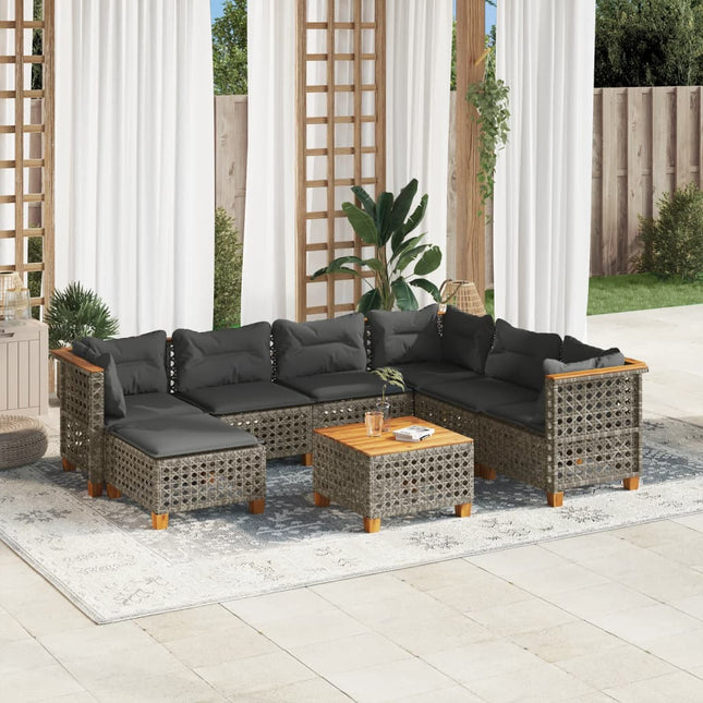 8-delige Loungeset met kussens poly rattan grijs