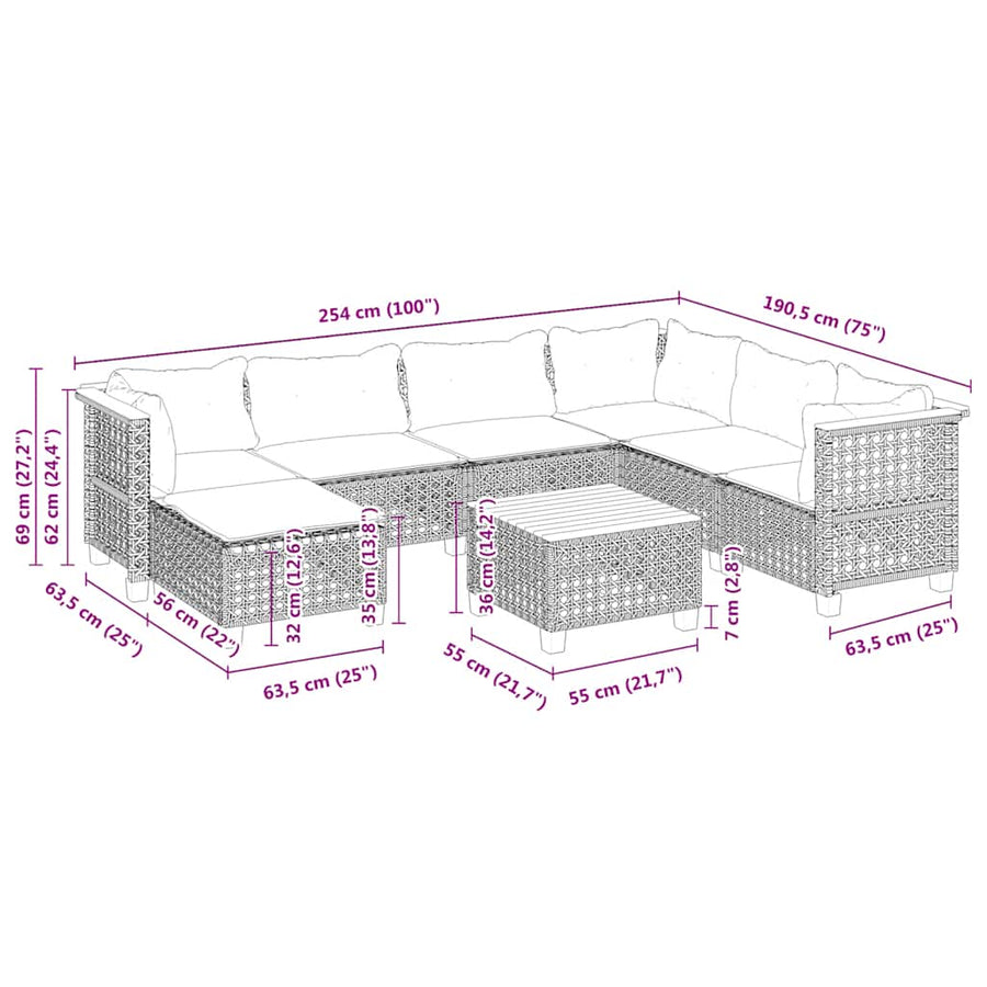 8-Delige Loungeset Met Kussens Poly Rattan Beige 1 gat weven