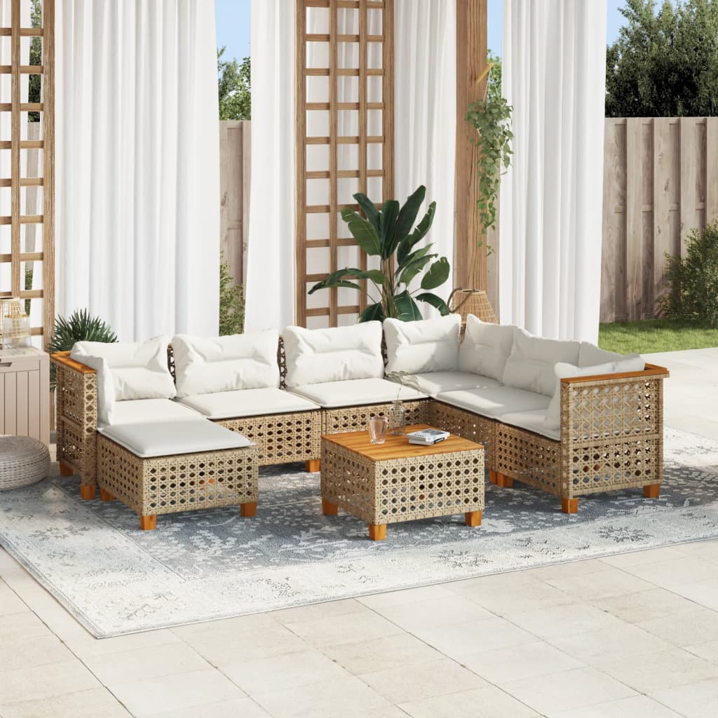 8-Delige Loungeset Met Kussens Poly Rattan Beige 1 gat weven