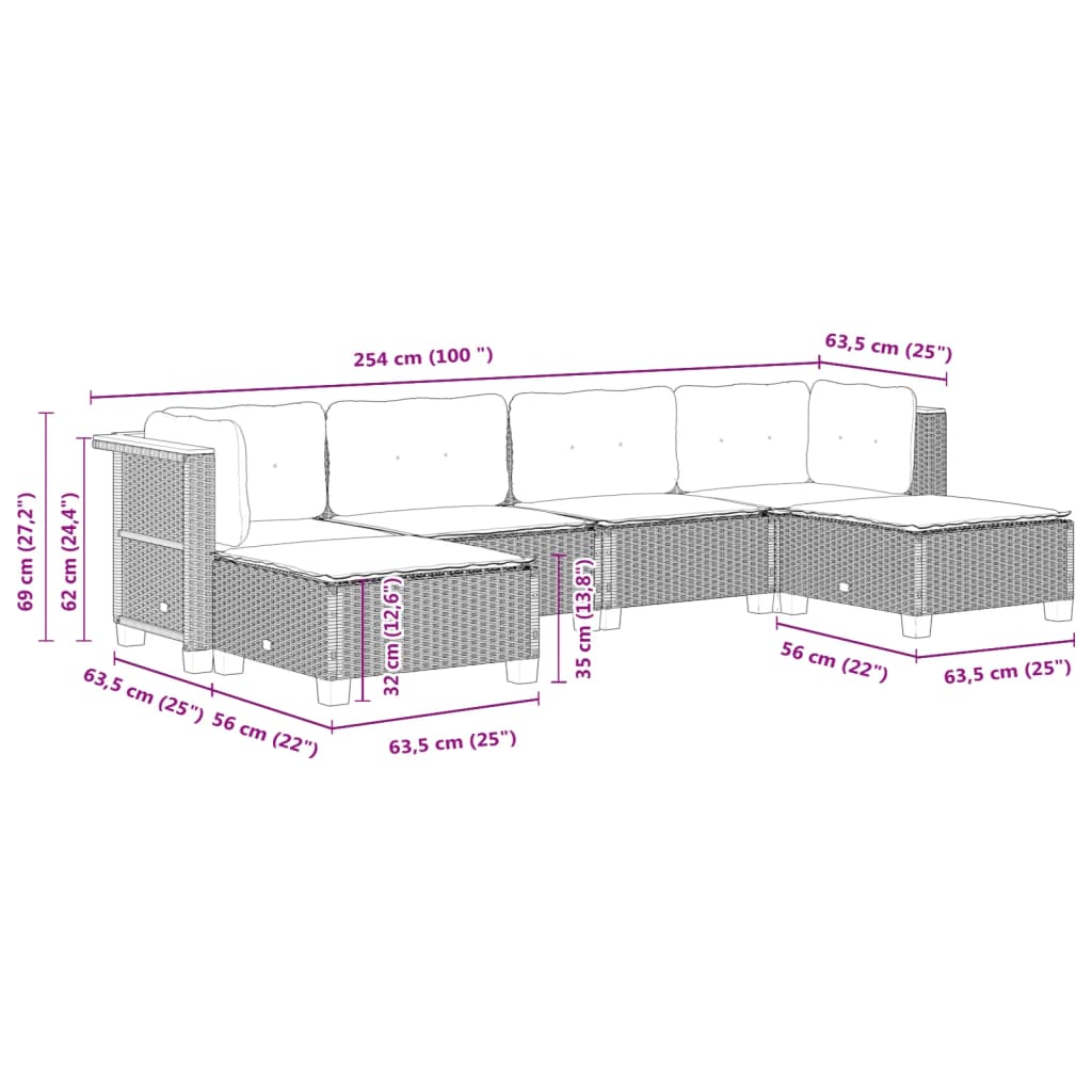 6-delige Loungeset met kussens poly rattan zwart