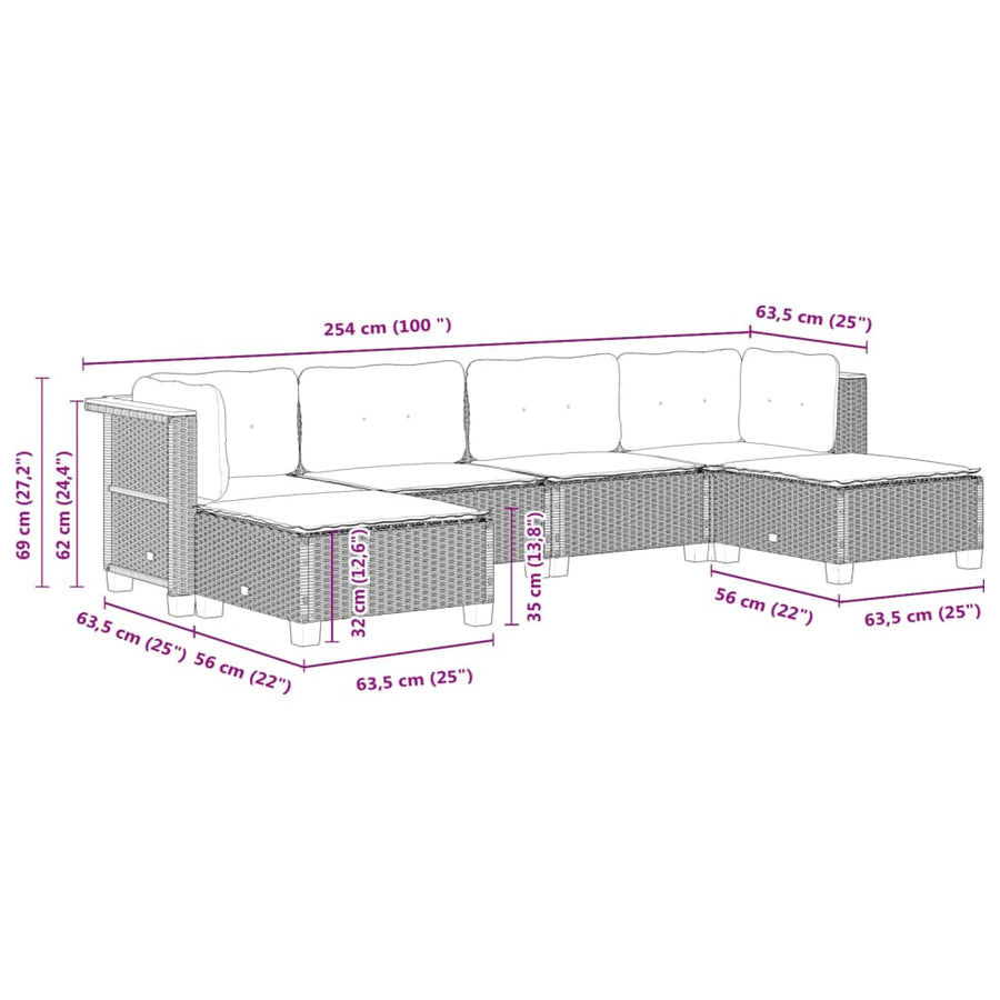 6-delige Loungeset met kussens poly rattan zwart