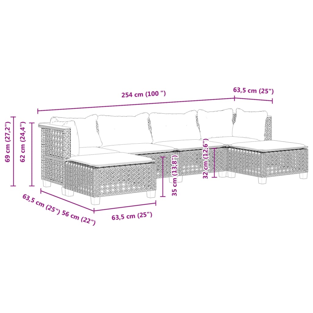 6-delige Loungeset met kussens poly rattan zwart