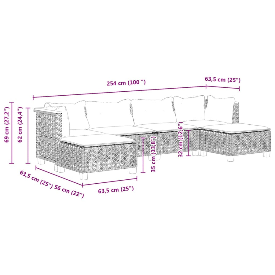 6-delige Loungeset met kussens poly rattan zwart