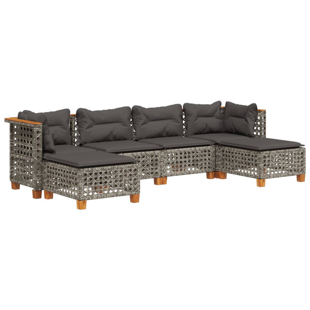 6-delige Loungeset met kussens poly rattan grijs