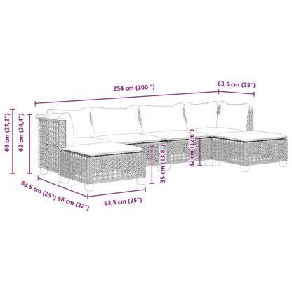 6-delige Loungeset met kussens poly rattan grijs