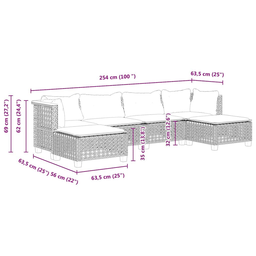 6-Delige Loungeset Met Kussens Poly Rattan Beige Lijngeweven