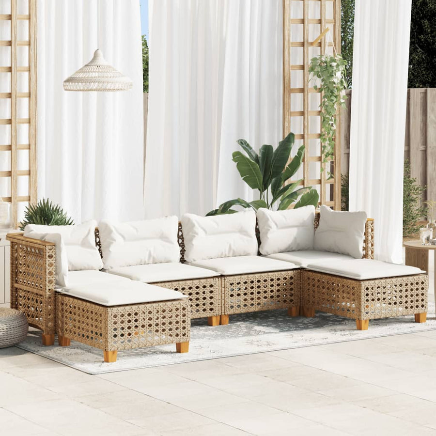 6-Delige Loungeset Met Kussens Poly Rattan Beige Lijngeweven