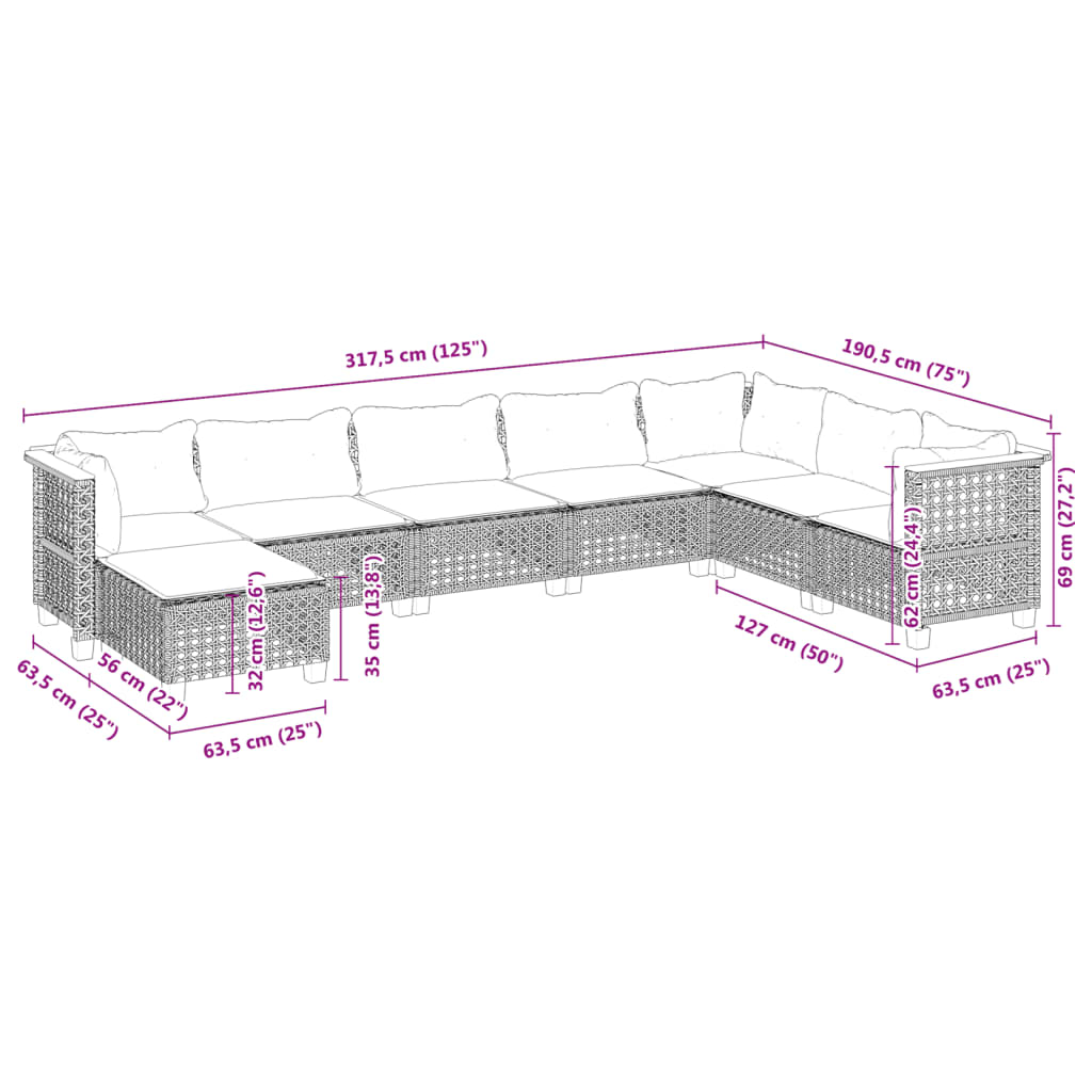 8-delige Loungeset met kussens poly rattan zwart