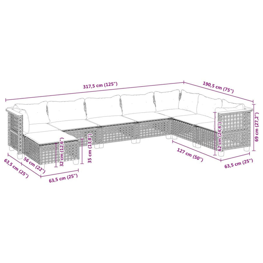 8-delige Loungeset met kussens poly rattan grijs