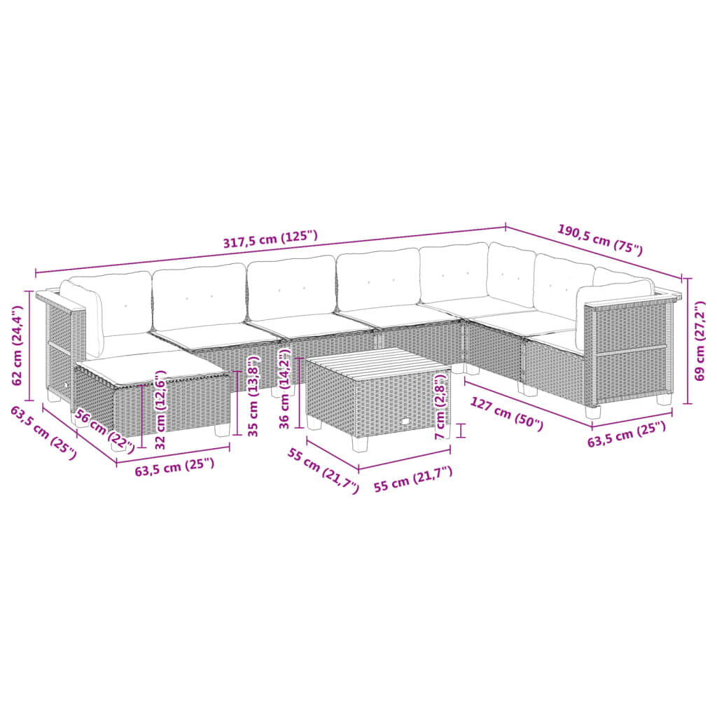 9-delige Loungeset met kussens poly rattan zwart
