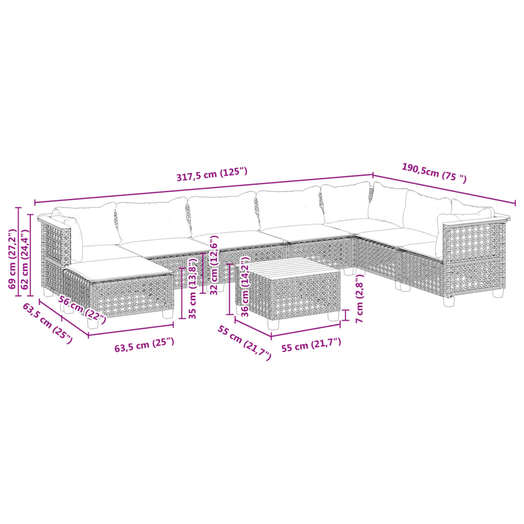 9-delige Loungeset met kussens poly rattan zwart