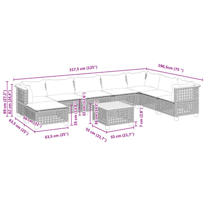 9-delige Loungeset met kussens poly rattan zwart