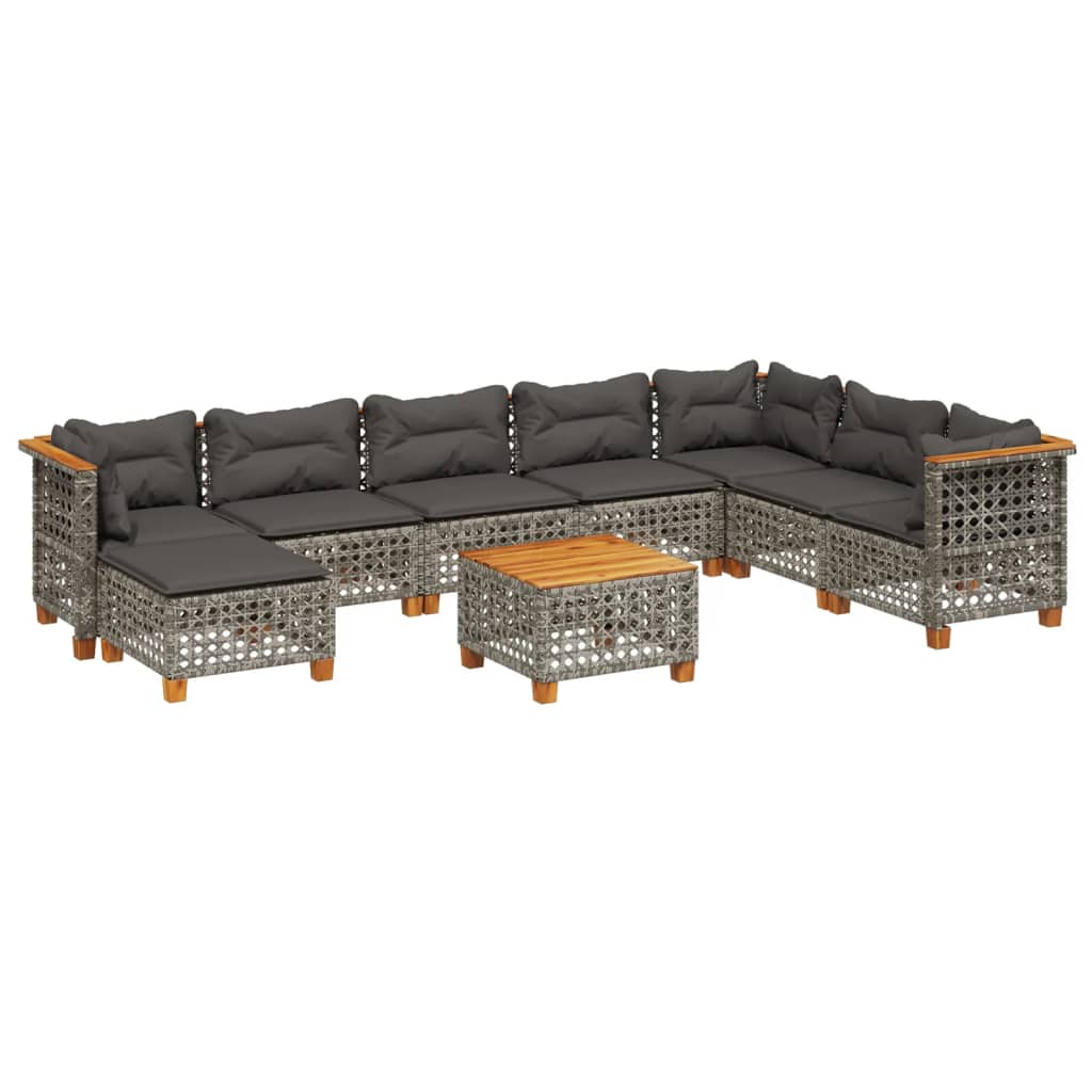 9-delige Loungeset met kussens poly rattan grijs