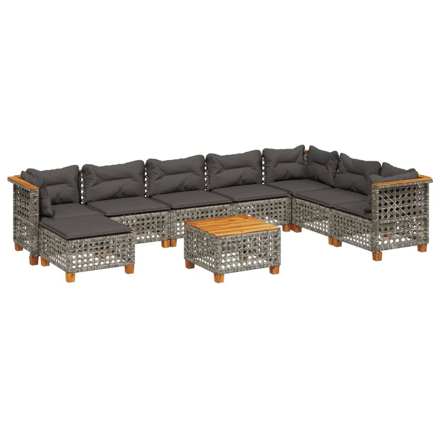 9-delige Loungeset met kussens poly rattan grijs