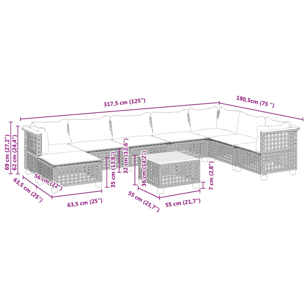 9-delige Loungeset met kussens poly rattan grijs