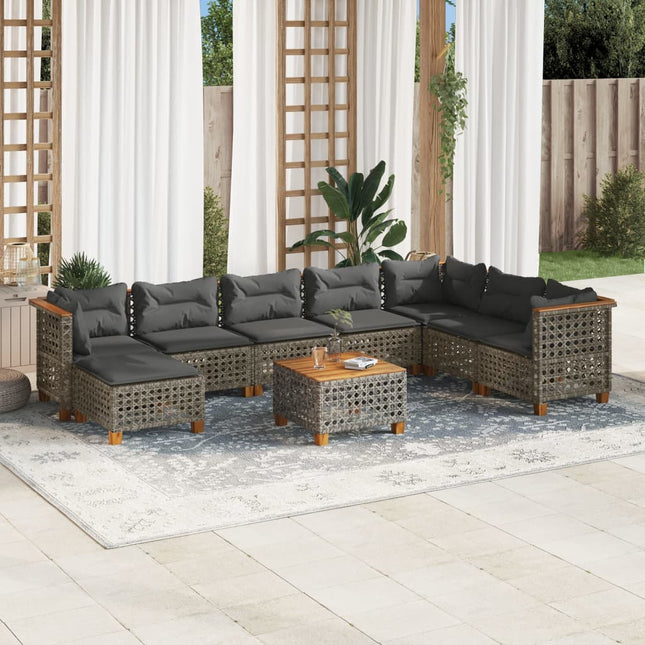 9-delige Loungeset met kussens poly rattan grijs