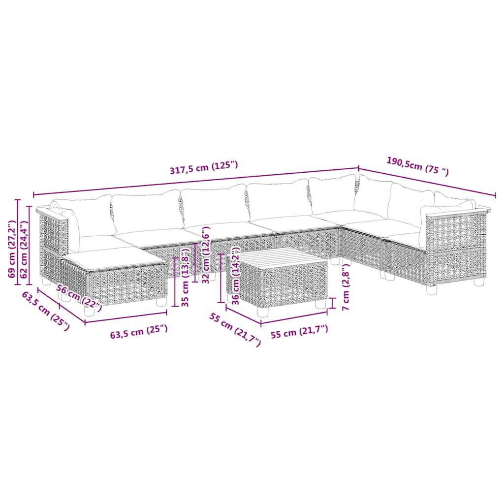 9-Delige Loungeset Met Kussens Poly Rattan Beige 1 gat weven
