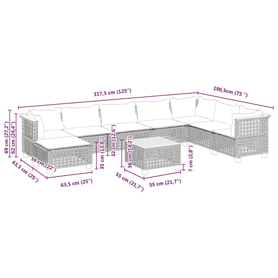 9-Delige Loungeset Met Kussens Poly Rattan Beige 1 gat weven