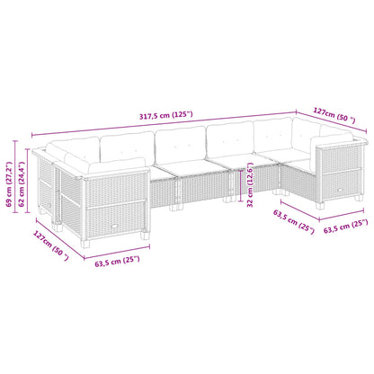 7-delige Loungeset met kussens poly rattan zwart