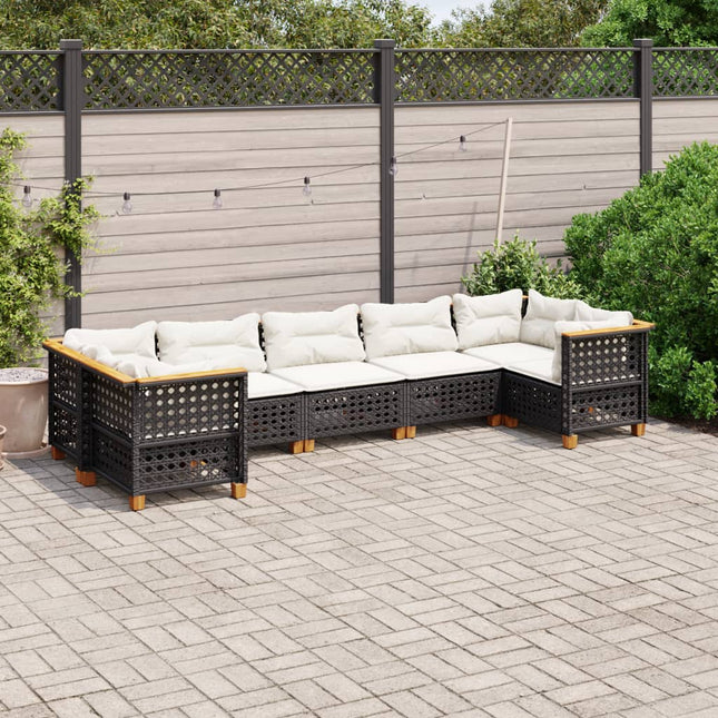 7-delige Loungeset met kussens poly rattan zwart