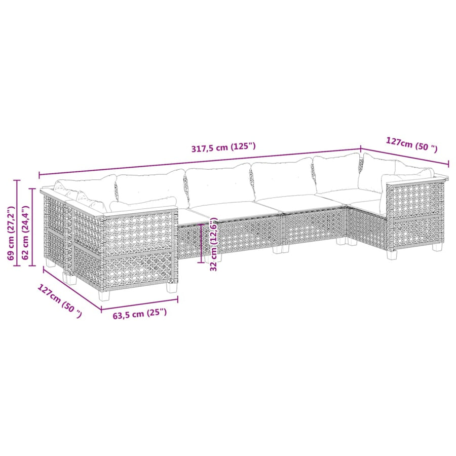 7-delige Loungeset met kussens poly rattan grijs