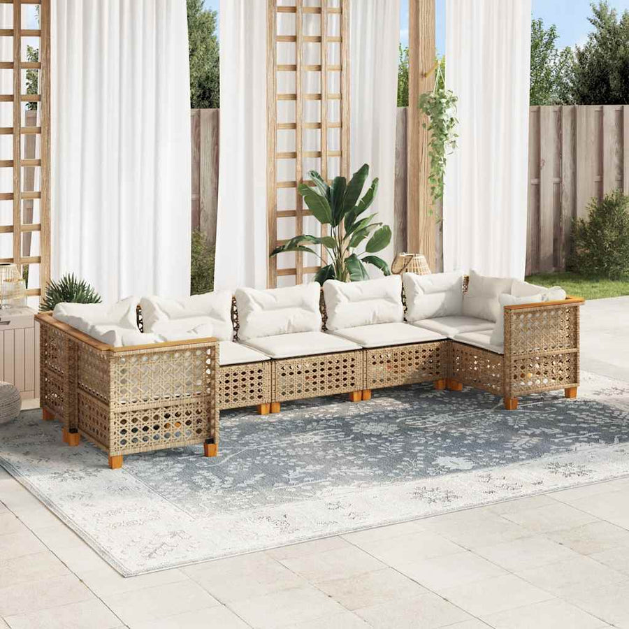 7-Delige Loungeset Met Kussens Poly Rattan Beige Lijngeweven