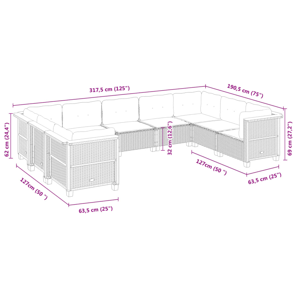 9-delige Loungeset met kussens poly rattan zwart