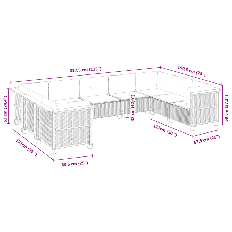9-delige Loungeset met kussens poly rattan zwart
